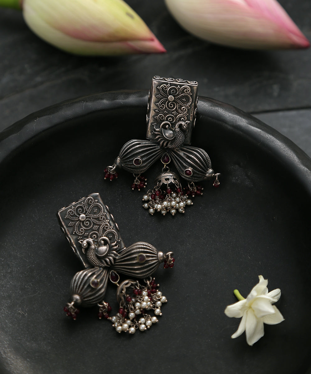 Handcrafted_Pure_Silver_Earrings_With_Peacock_And_Jhumki_WeaverStory_01