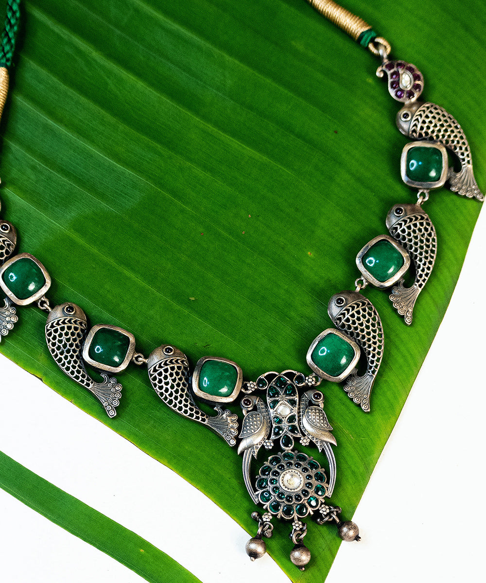 Bareerah_Handcrafted_Oxidised_Pure_Silver_Necklace_With_Jade_And_Rose_Quartz_Stones_WeaverStory_02