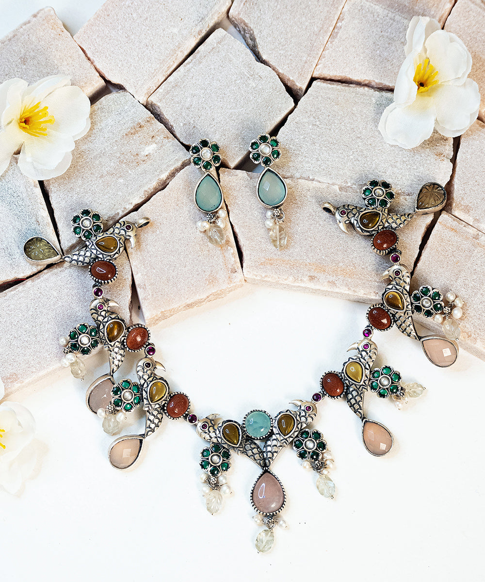 Zimaal_Handcrafted_Oxidised_Pure_Silver_Necklace_Set_With_Stones_WeaverStory_01