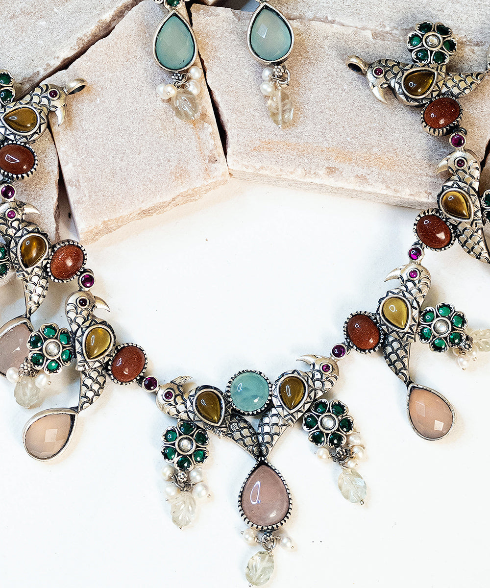 Zimaal_Handcrafted_Oxidised_Pure_Silver_Necklace_Set_With_Stones_WeaverStory_02