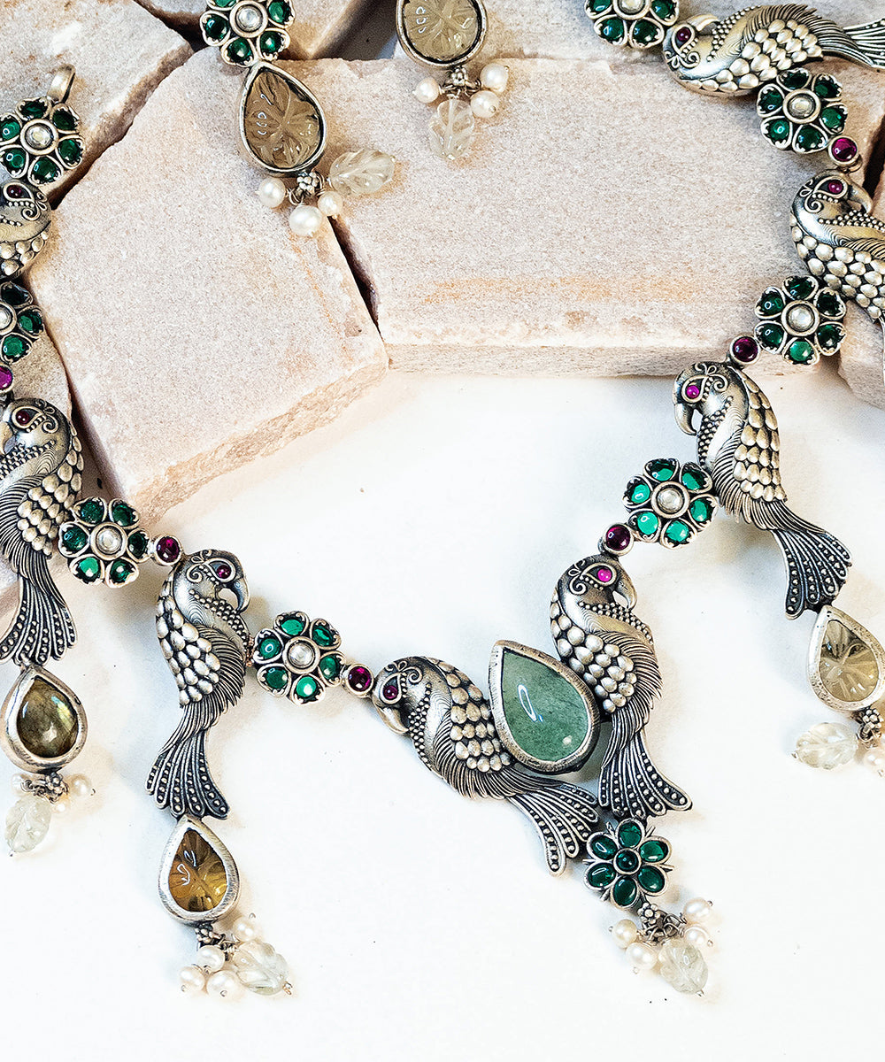 Mariyam_Handcrafted_Oxidised_Pure_Silver_Necklace_Set_With_Stones_WeaverStory_02