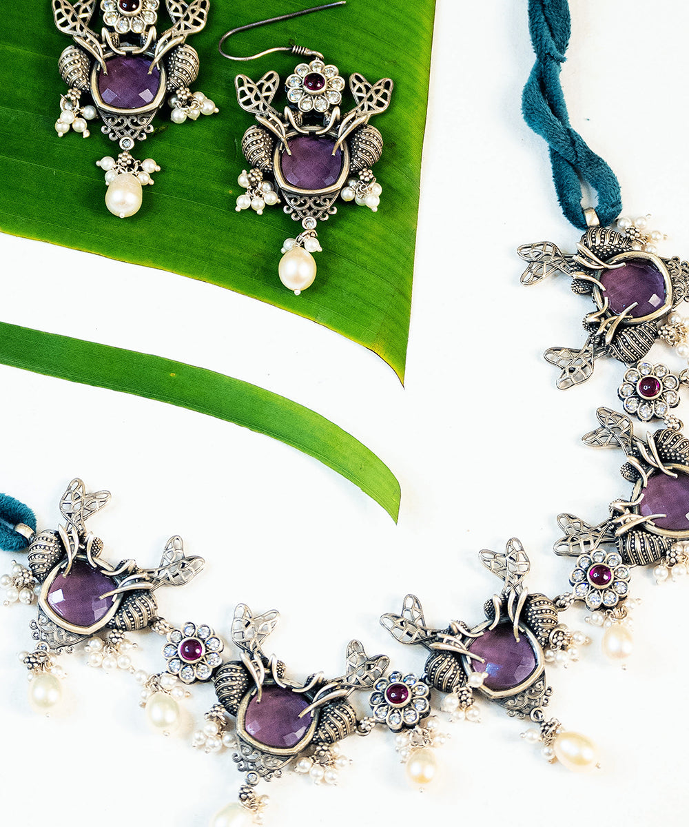 Nihla_Handcrafted_Oxidised_Pure_Silver_Necklace_Set_With_Stones_WeaverStory_02