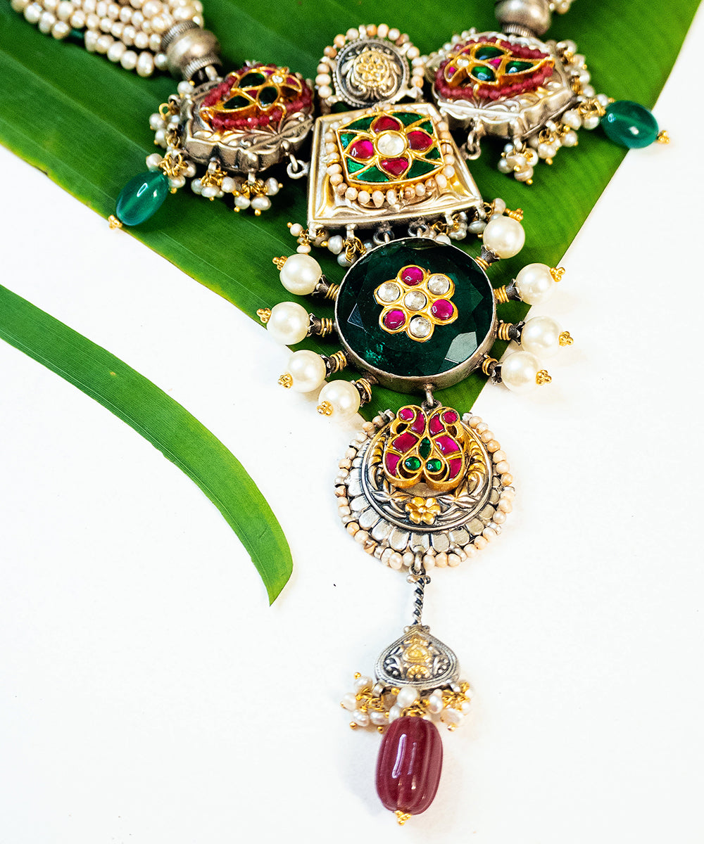 Asfa_Handcrafted_Oxidised_Pure_Silver_Necklace_With_Pearls_And_Kundan_WeaverStory_02