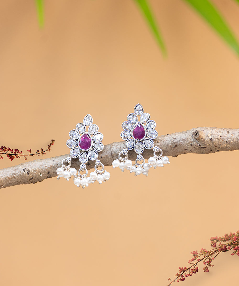 Zafina_Handcrafted_Oxidised_Pure_Silver_Earrings_With_Pearls_And_Stones_WeaverStory_01