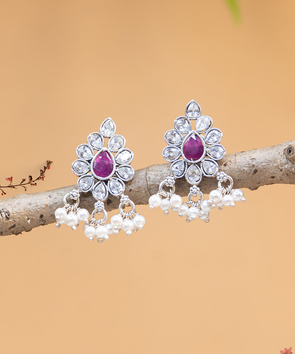 Zafina_Handcrafted_Oxidised_Pure_Silver_Earrings_With_Pearls_And_Stones_WeaverStory_02