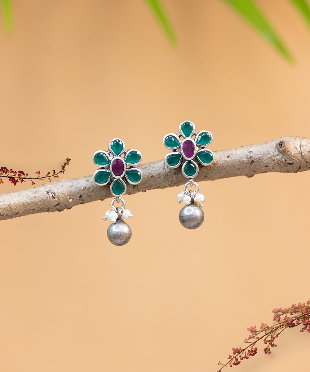 Siham_Handcrafted_Oxidised_Pure_Silver_Earrings_With_Stones_And_Pearls_WeaverStory_01