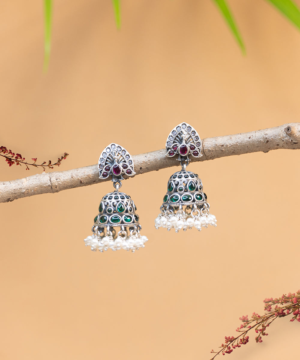 Mahrosh_Handcrafted_Oxidised_Pure_Silver_Earrings_With_Pearls_And_Stones_WeaverStory_01