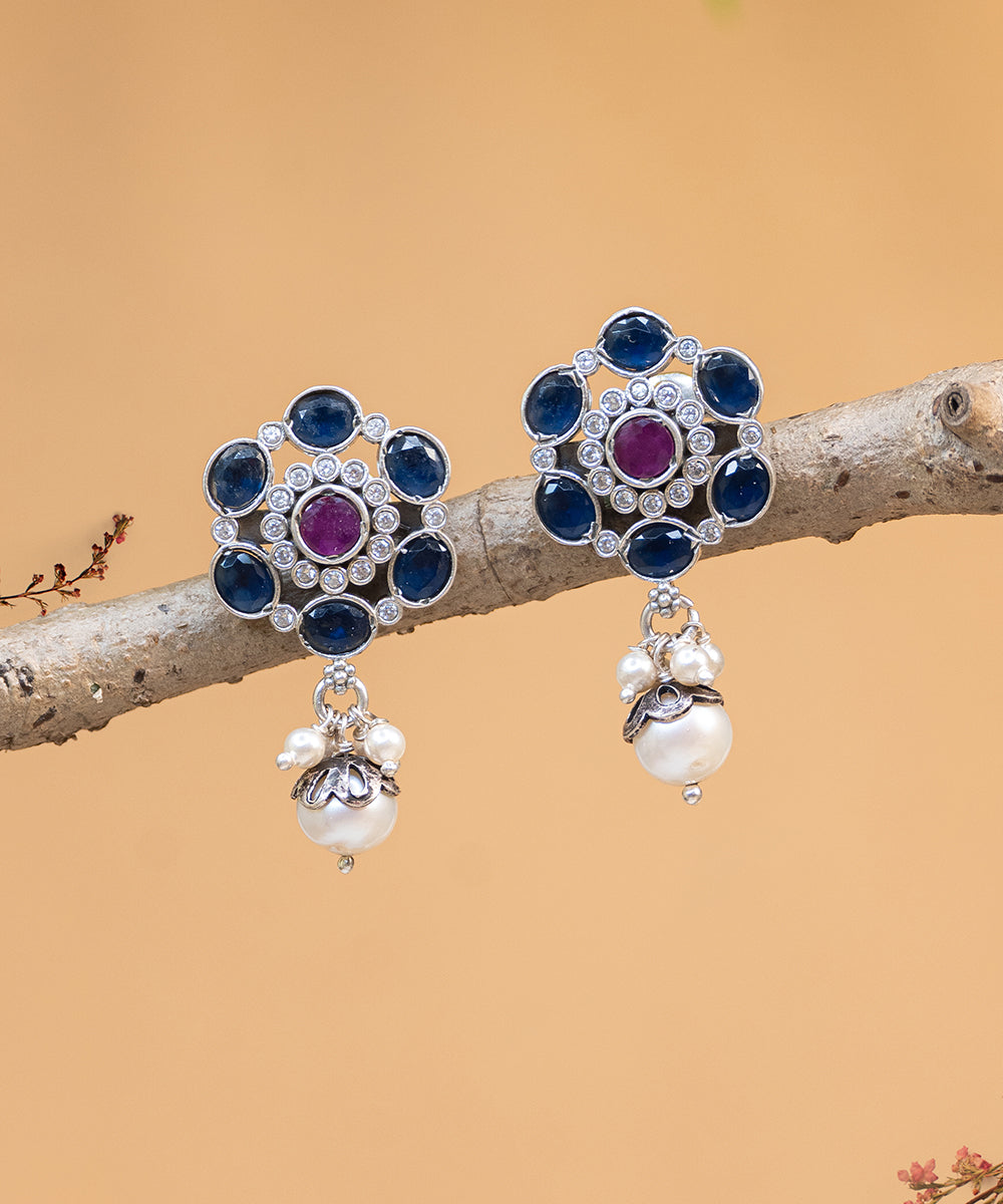 Afiyah_Handcrafted_Oxidised_Pure_Silver_Earrings_With_Pearls_And_Stones_WeaverStory_02