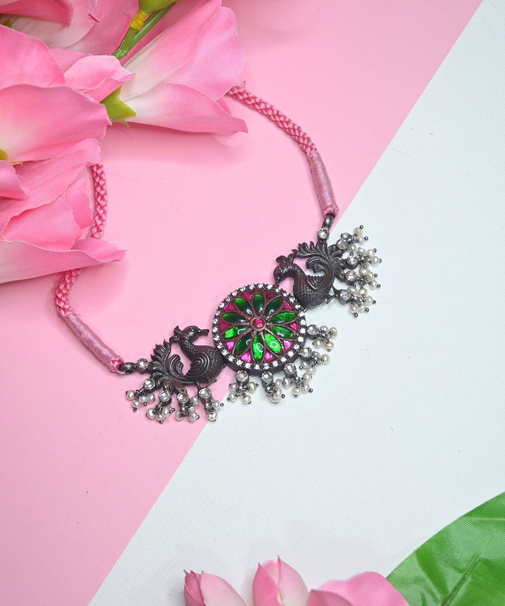 Asma_Oxidised_Choker_With_Kundan_And_Peacock_Motifs_Handcrafted_In_Pure_Silver_WeaverStory_01