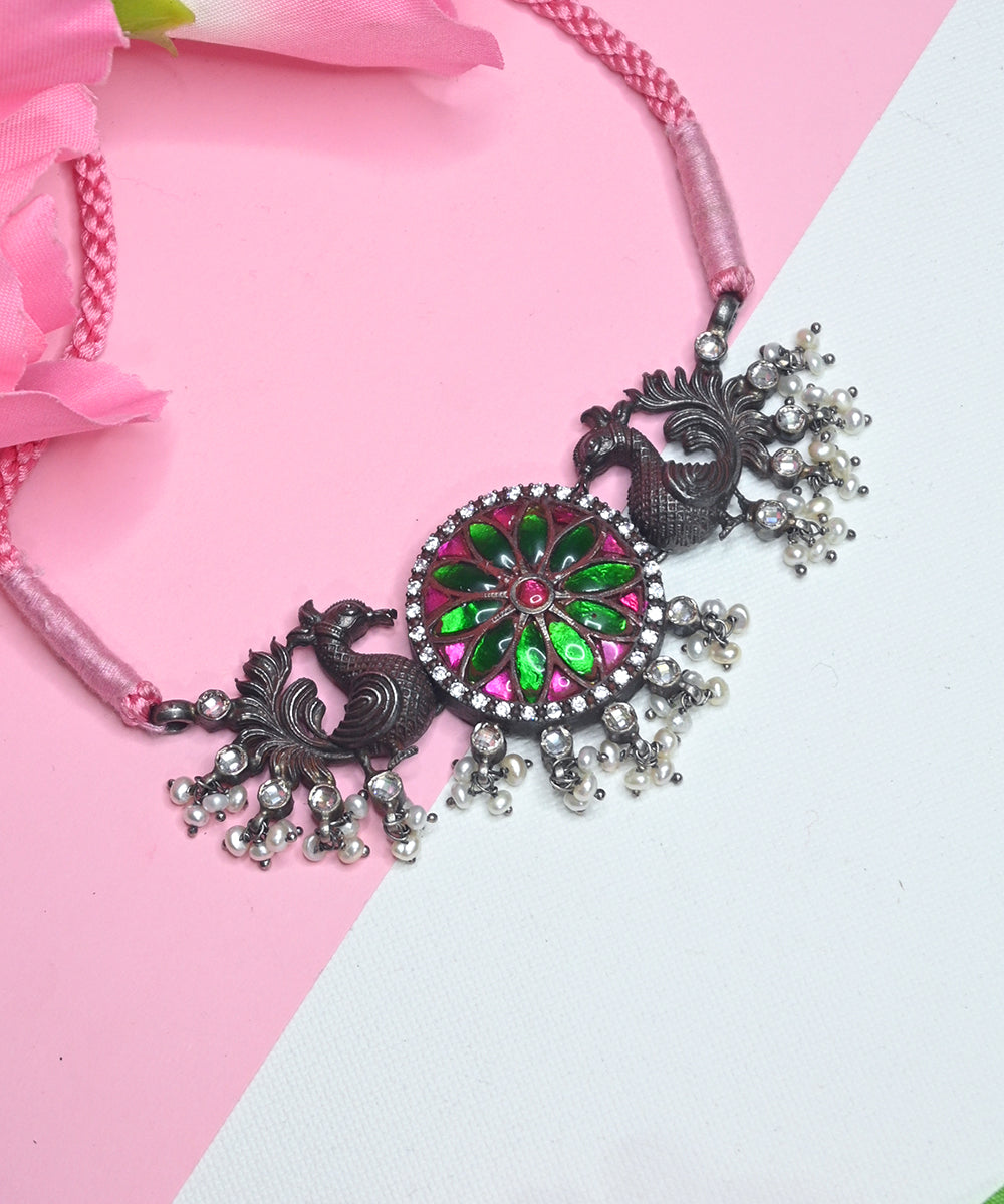 Asma_Oxidised_Choker_With_Kundan_And_Peacock_Motifs_Handcrafted_In_Pure_Silver_WeaverStory_02