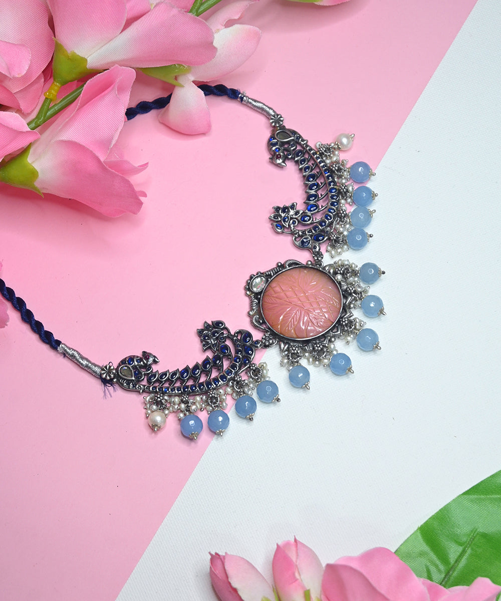 Ayra_Oxidised_Choker_With_Rose_Quartz_And_kempstones_Handcrafted_In_Pure_Silver_WeaverStory_01