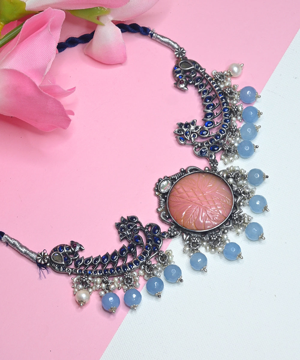 Ayra_Oxidised_Choker_With_Rose_Quartz_And_kempstones_Handcrafted_In_Pure_Silver_WeaverStory_02