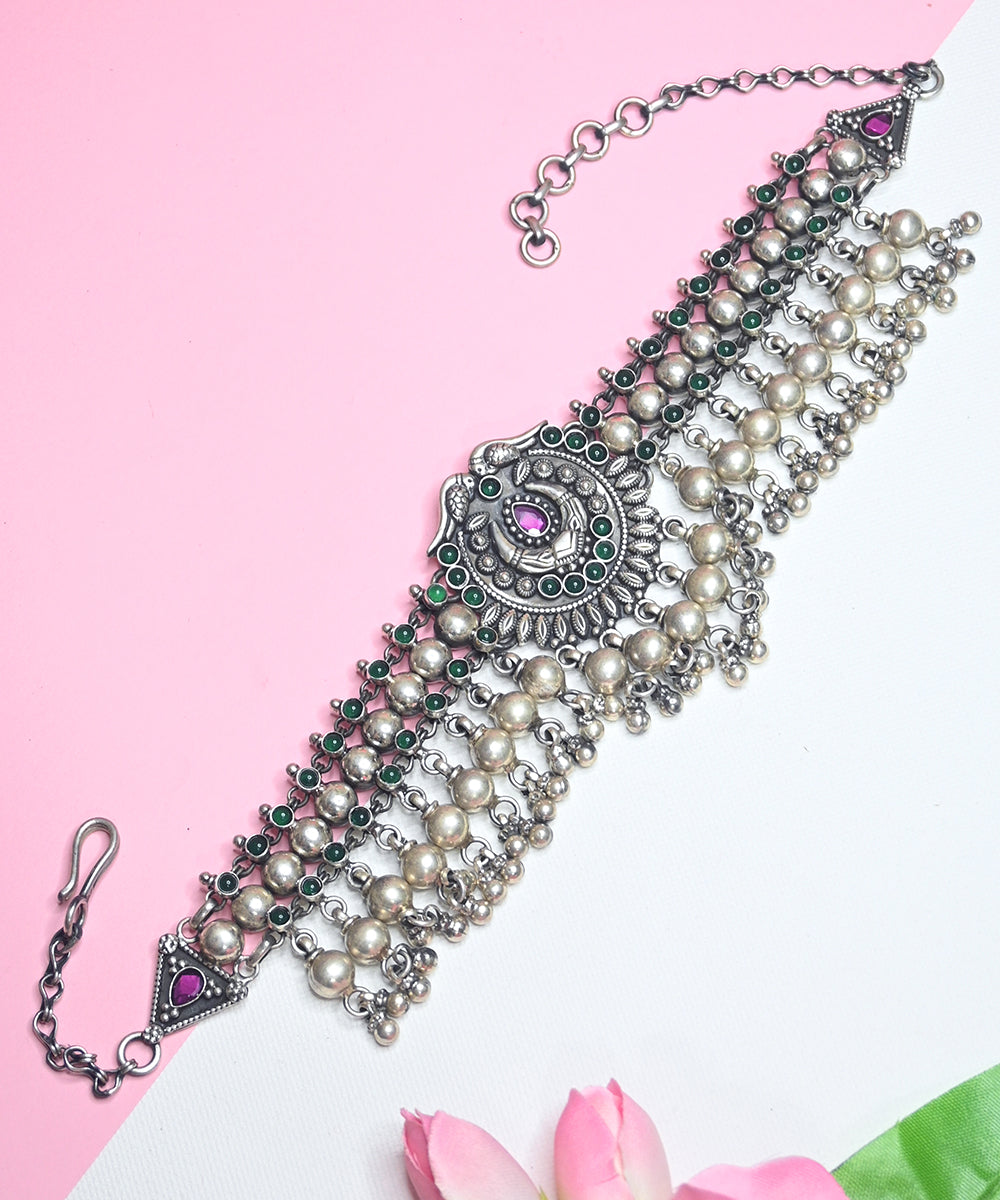 Azra_Oxidised_Choker_With_Green_Onyx_And_Ruby_Handcrafted_In_Pure_Silver_WeaverStory_02