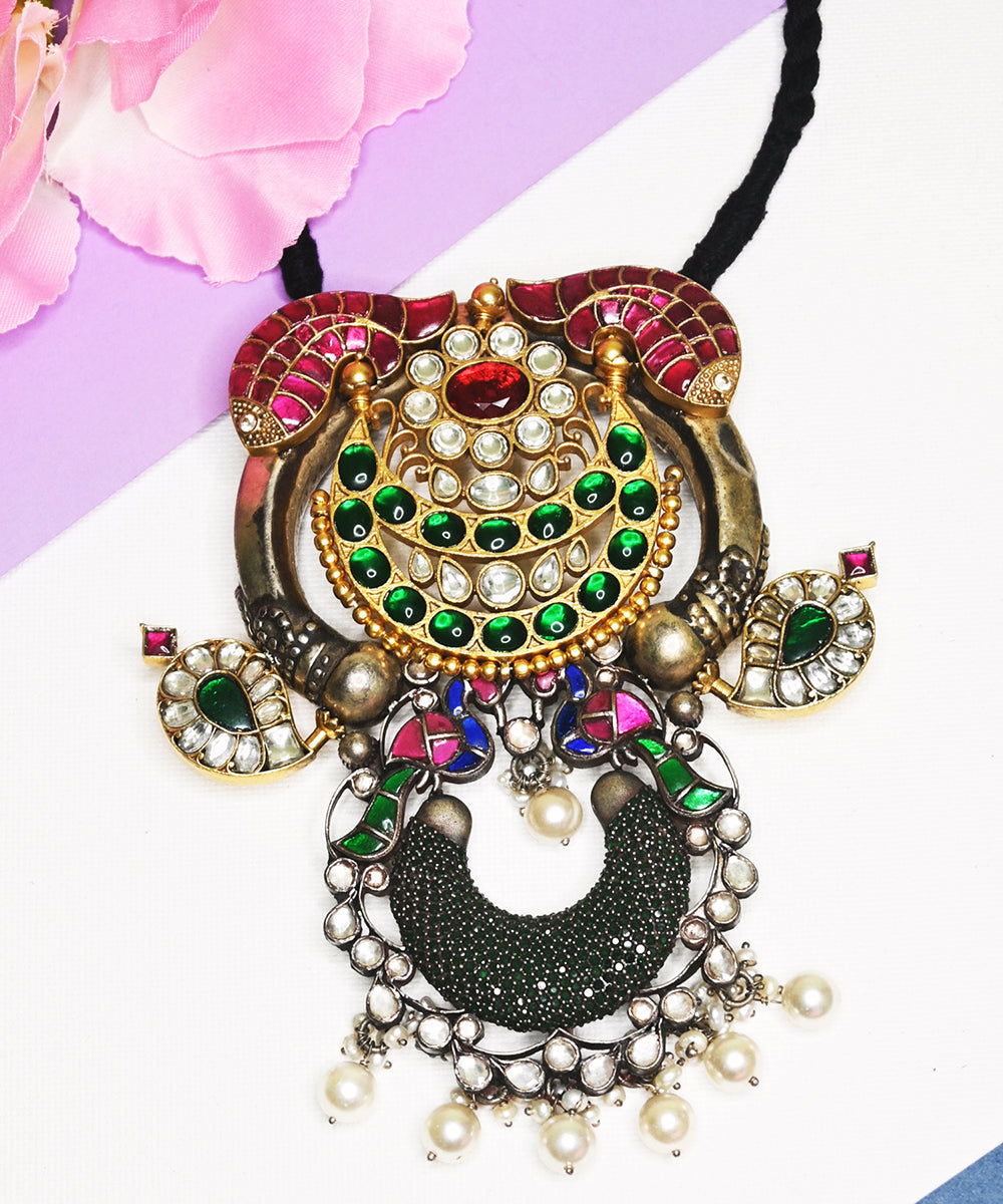 Durrah_Handcrafted_Oxidised_Pure_Silver_Necklace_With_Kundan_And_Pearls_WeaverStory_02