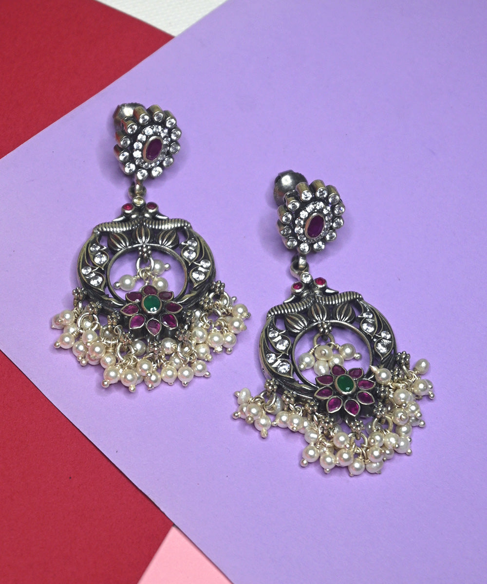 Saira_Handcrafted_Oxidised_Pure_Silver_Earrings_With_Green_Ruby_And_Pearls_WeaverStory_02