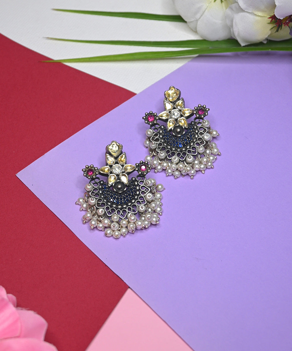 Zoya_Handcrafted_Oxidised_Pure_Silver_Earrings_With_Kundan_And_Pearls_WeaverStory_01