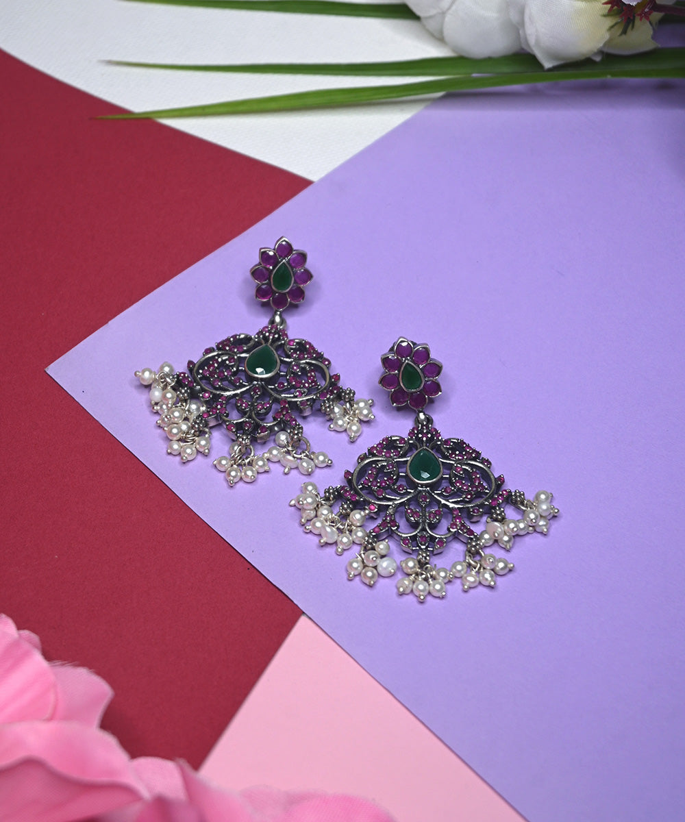 Hania_Handcrafted_Oxidised_Pure_Silver_Earrings_With_Pearls,_Green_Onyx_And_Ruby_WeaverStory_01
