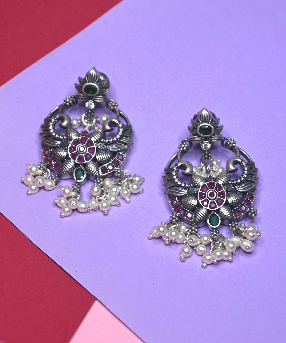 Ayra_Handcrafted_Oxidised_Pure_Silver_Earrings_With_Pearls,_Green_Onyx_And_Ruby_WeaverStory_02