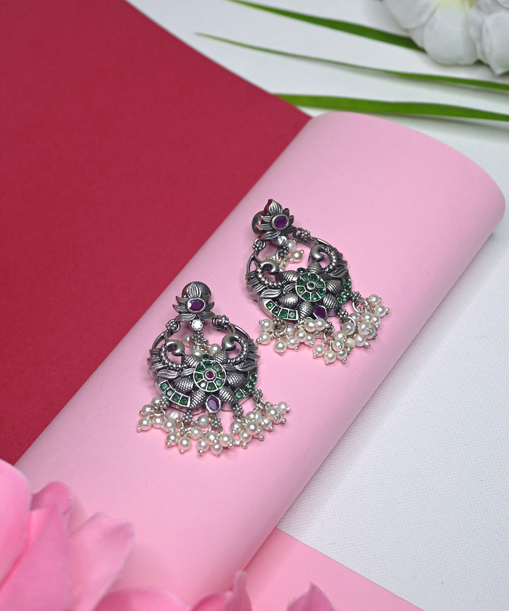 Marwa_Handcrafted_Oxidised_Pure_Silver_Earrings_With_Pearls,_Green_Onyx_And_Ruby_WeaverStory_01