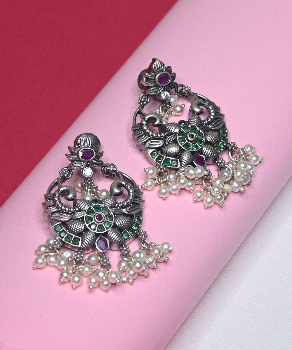 Marwa_Handcrafted_Oxidised_Pure_Silver_Earrings_With_Pearls,_Green_Onyx_And_Ruby_WeaverStory_02