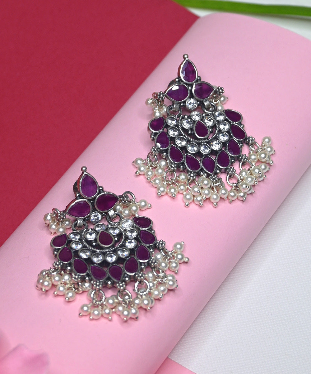 Amara_Handcrafted_Oxidised_Pure_Silver_Earrings_With_Pearls_And_Ruby_WeaverStory_02
