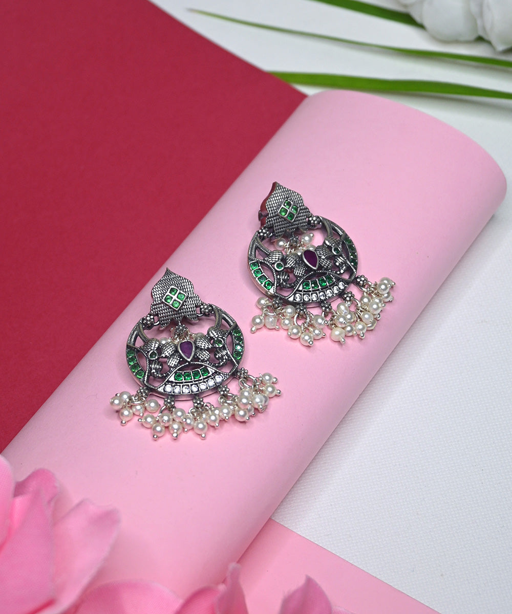 Aleena_Handcrafted_Oxidised_Pure_Silver_Earrings_With_Pearls_And_Ruby_WeaverStory_01