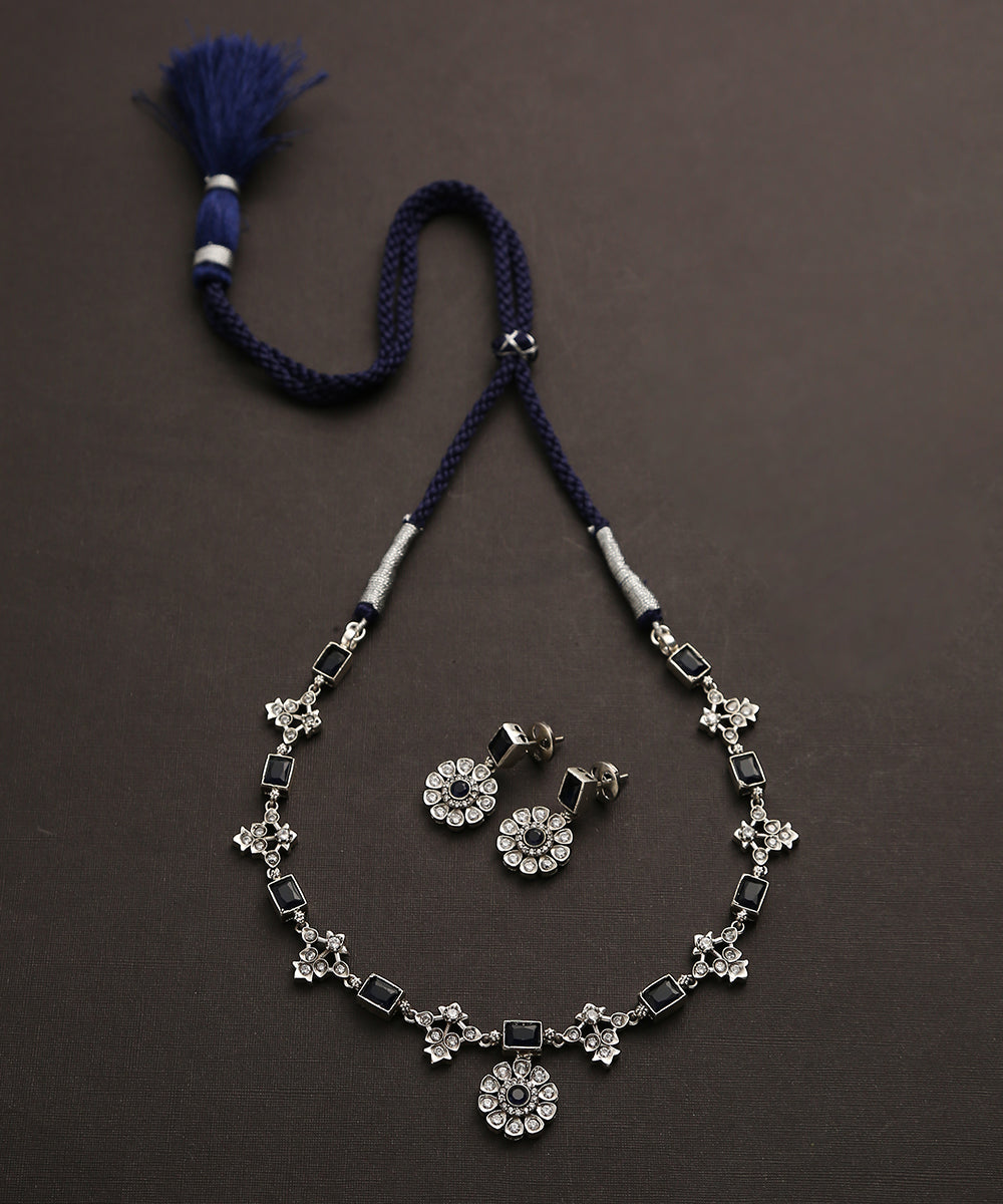 Handcrafted_Yashvi_Blue_Oxidised_Pure_Silver_Necklace_Set_WeaverStory_02