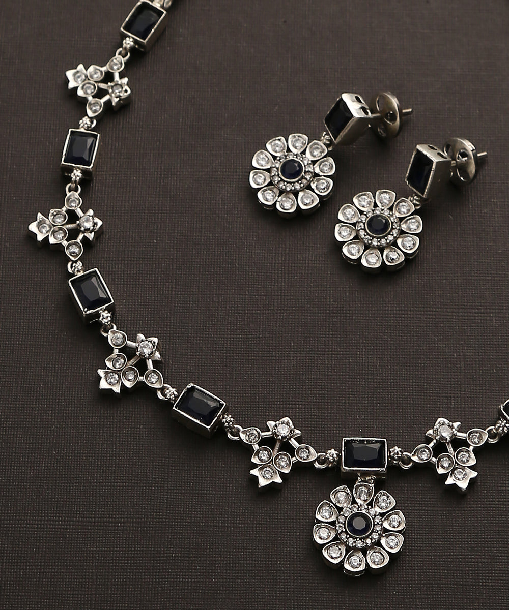 Handcrafted_Yashvi_Blue_Oxidised_Pure_Silver_Necklace_Set_WeaverStory_03