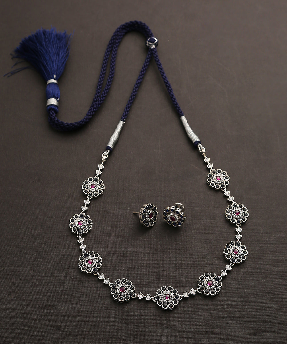 Elina_Handcrafted_Blue_Oxidised_Pure_Silver_Necklace_Set_WeaverStory_02