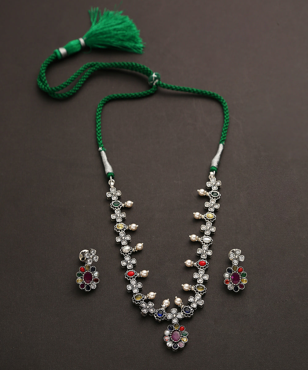 Akanksh_Handcrafted_Oxidised_Pure_Silver_Navratan_Necklace_Set_WeaverStory_02