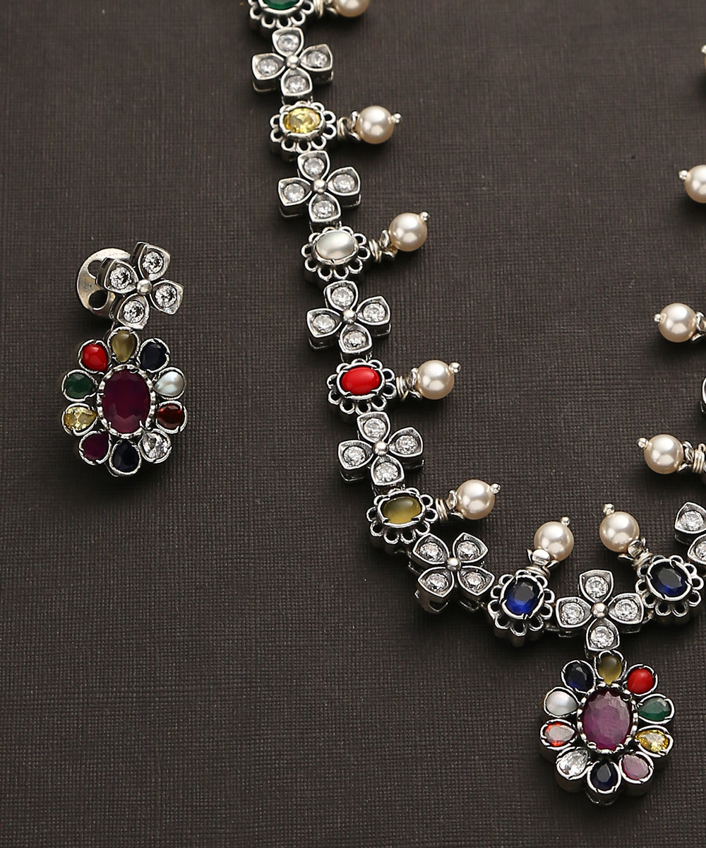 Akanksh_Handcrafted_Oxidised_Pure_Silver_Navratan_Necklace_Set_WeaverStory_03