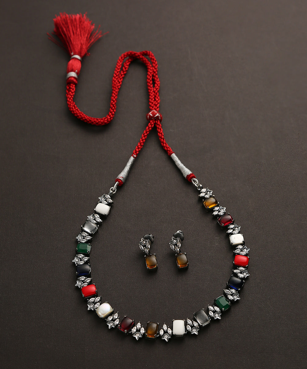 Ishank_Handcrafted_Oxidised_Pure_Silver_Navratan_Necklace_Set_WeaverStory_02