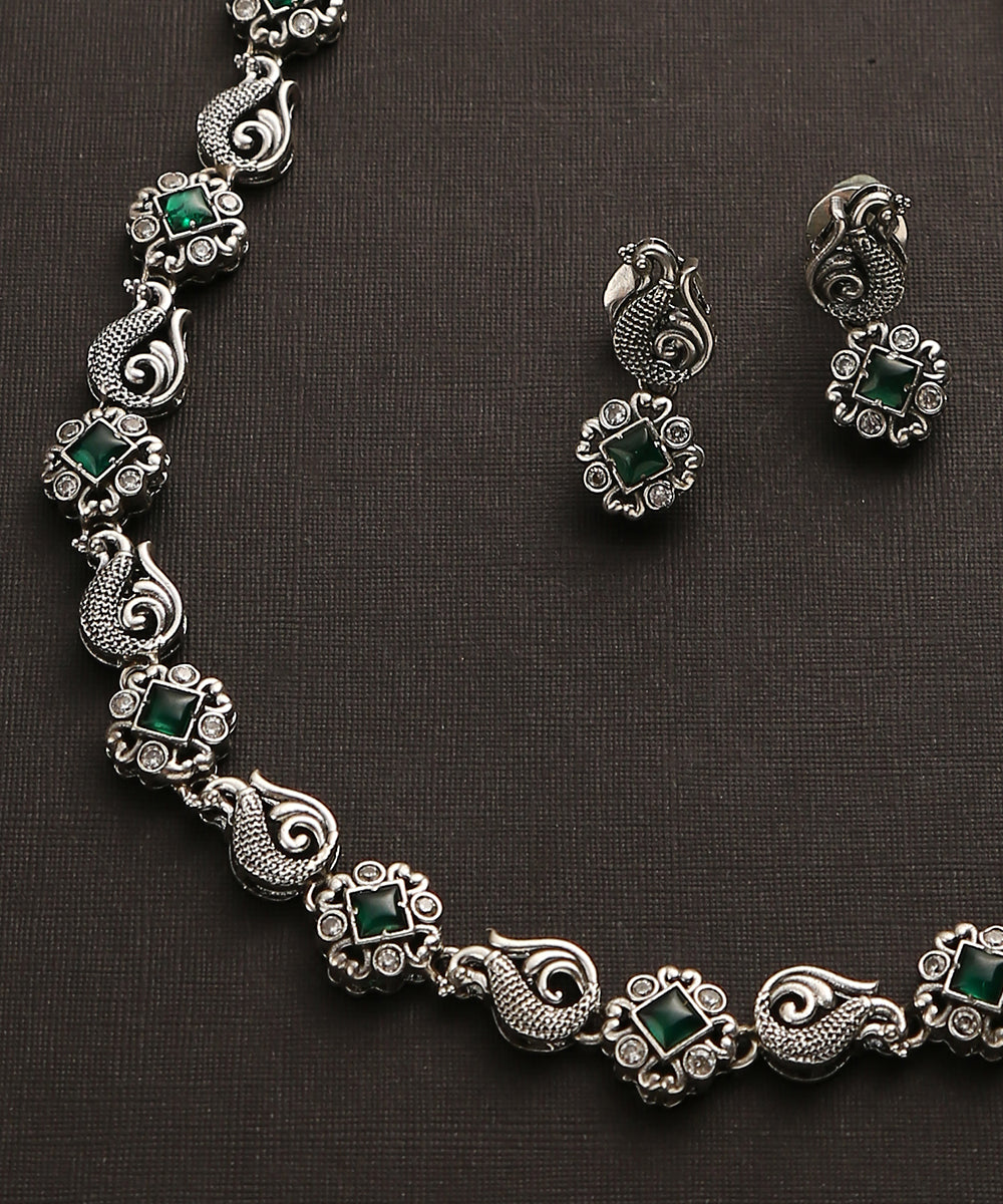 Devesh_Green_Handcrafted_Oxidised_Pure_Silver_Necklace_Set_WeaverStory_03