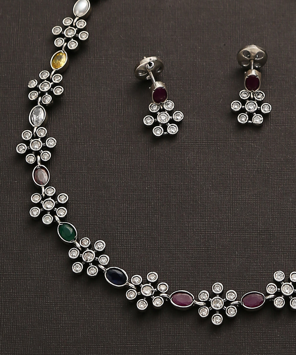 Akarsh_Handcrafted_Oxidised_Pure_Silver_Navratan_Necklace_Set_WeaverStory_03