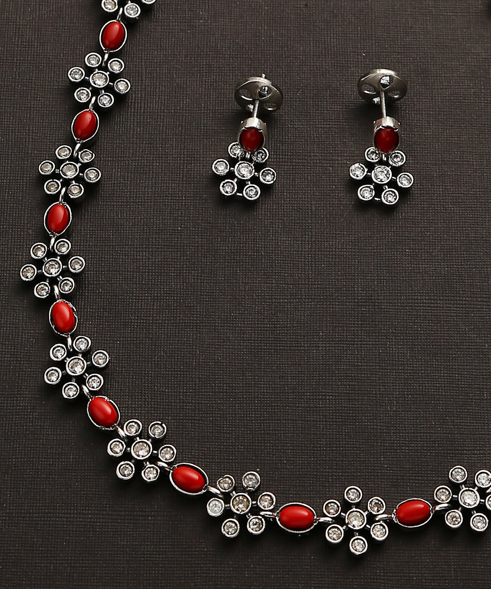 Bhamini_Handcrafted_Oxidised_Pure_Silver_Red_Necklace_Set_WeaverStory_03