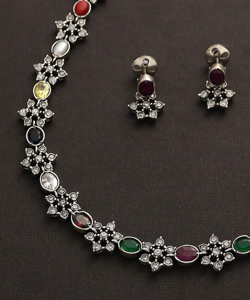 Rudrani_Handcrafted_Oxidised_Pure_Silver_Navratan_Necklace_Set_WeaverStory_03