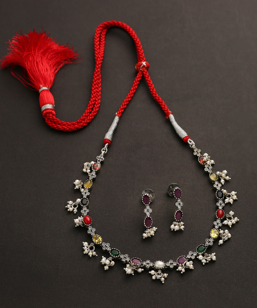 Hamsika_Handcrafted_Oxidised_Pure_Silver_Navratan_Necklace_Set_WeaverStory_02