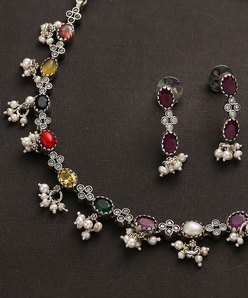 Hamsika_Handcrafted_Oxidised_Pure_Silver_Navratan_Necklace_Set_WeaverStory_03