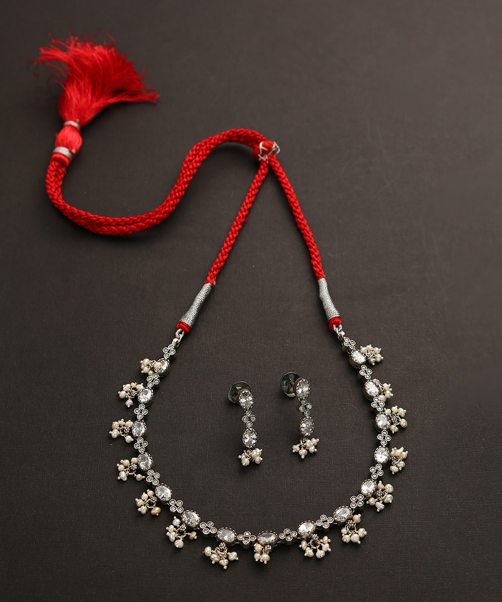 Maitreyi_Handcrafted_Oxidised_Pure_Silver_Necklace_Set_With_Pearl_Hangings_WeaverStory_02