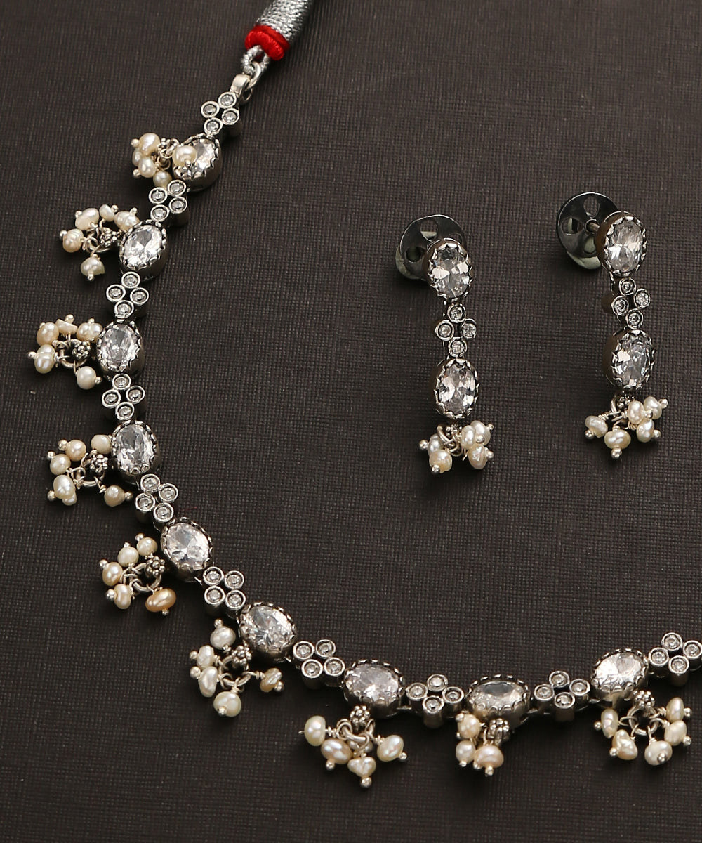 Maitreyi_Handcrafted_Oxidised_Pure_Silver_Necklace_Set_With_Pearl_Hangings_WeaverStory_03