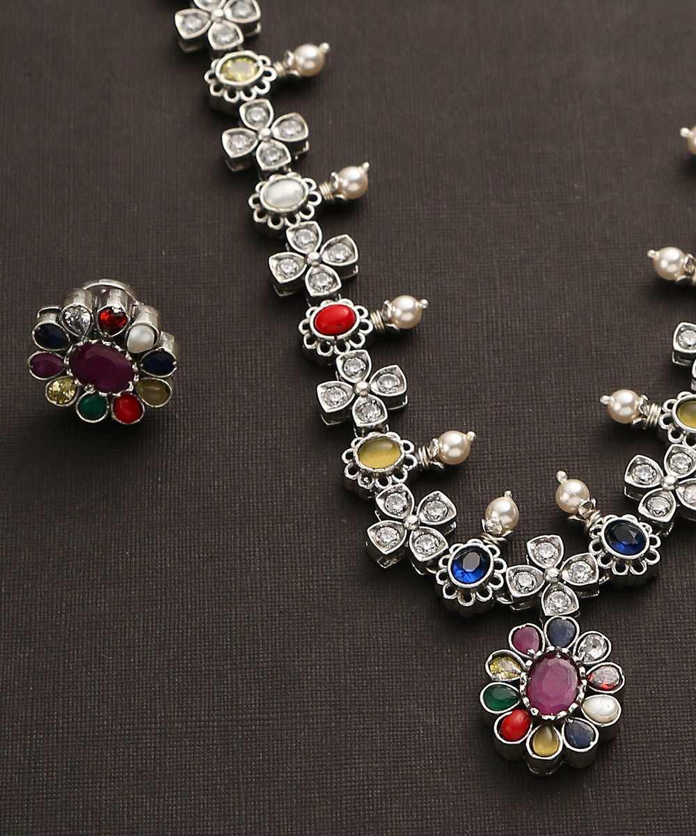 Milana_Handcrafted_Oxidised_Pure_Silver_Navratan_Necklace_Set_WeaverStory_03