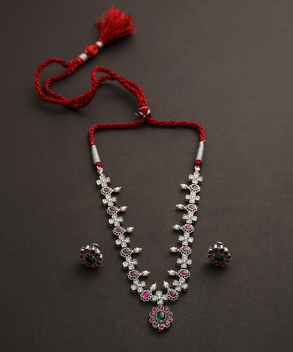 Grahish_Handcrafted_Oxidised_Pure_Silver_Pink_Necklace_Set_WeaverStory_02