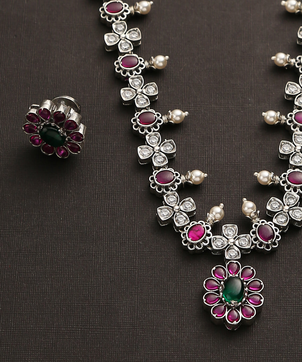 Grahish_Handcrafted_Oxidised_Pure_Silver_Pink_Necklace_Set_WeaverStory_03