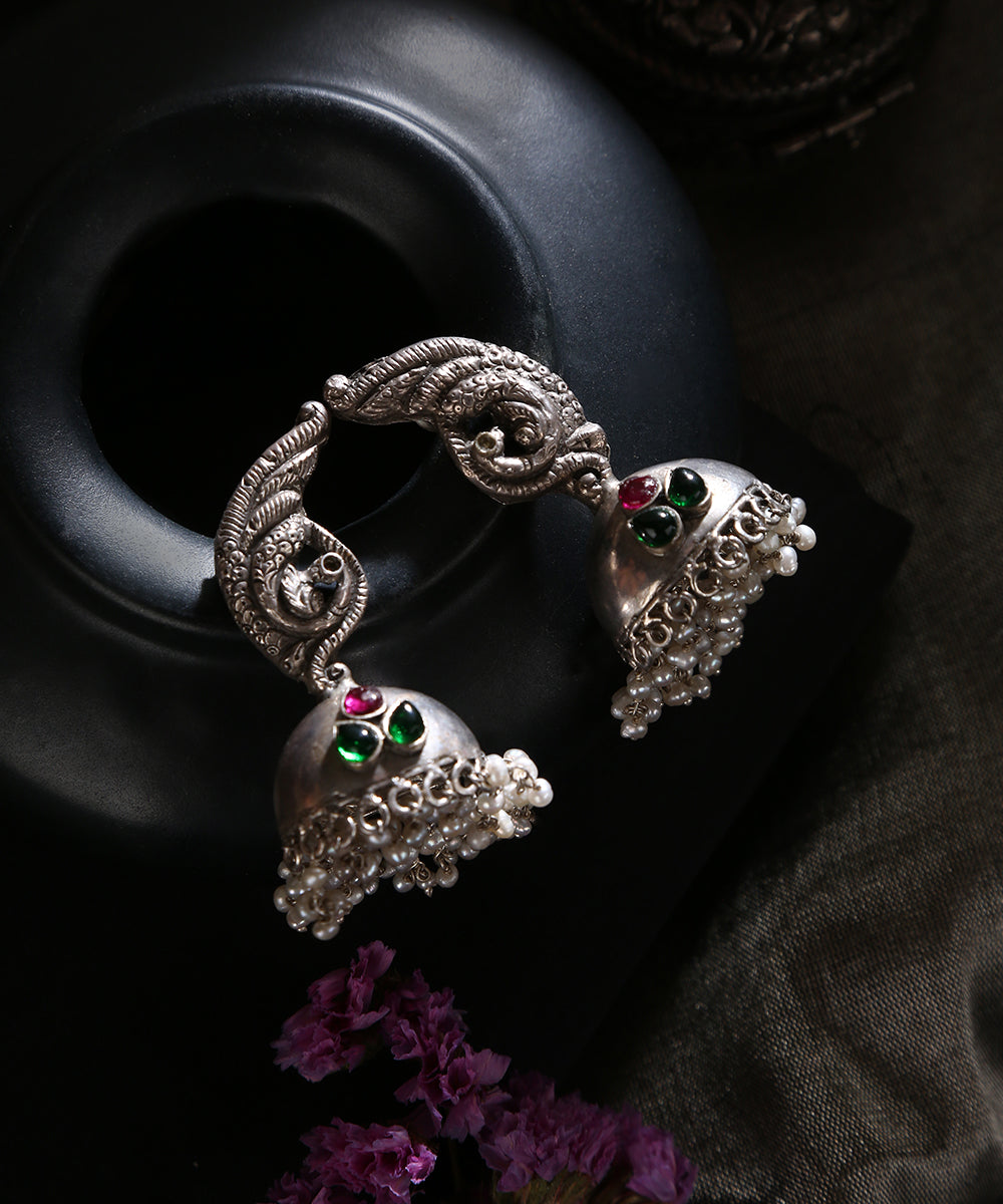 Amwaj_Handcrafted_Blue_Red_Dual_Tone_Tribal_Pure_Silver_Earrings_WeaverStory_01