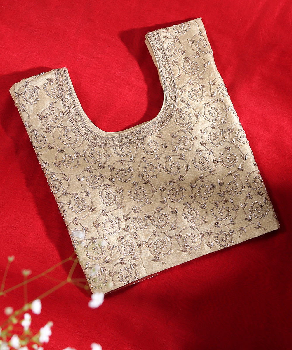 Beige_Raw_Silk_Blouse_Fabric_with_Dabka_Embroidery_WeaverStory_01