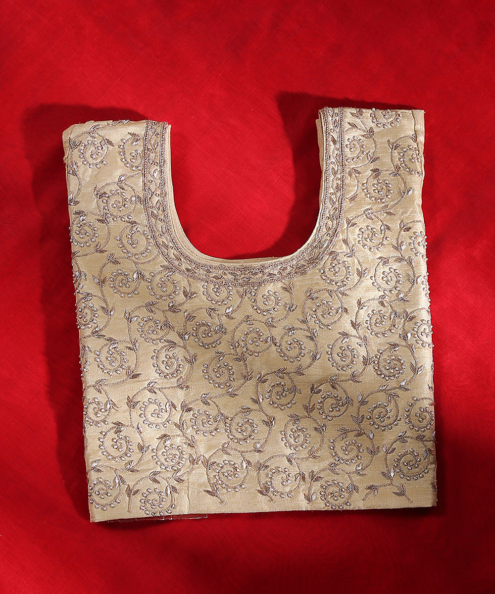 Beige_Raw_Silk_Blouse_Fabric_with_Dabka_Embroidery_WeaverStory_02