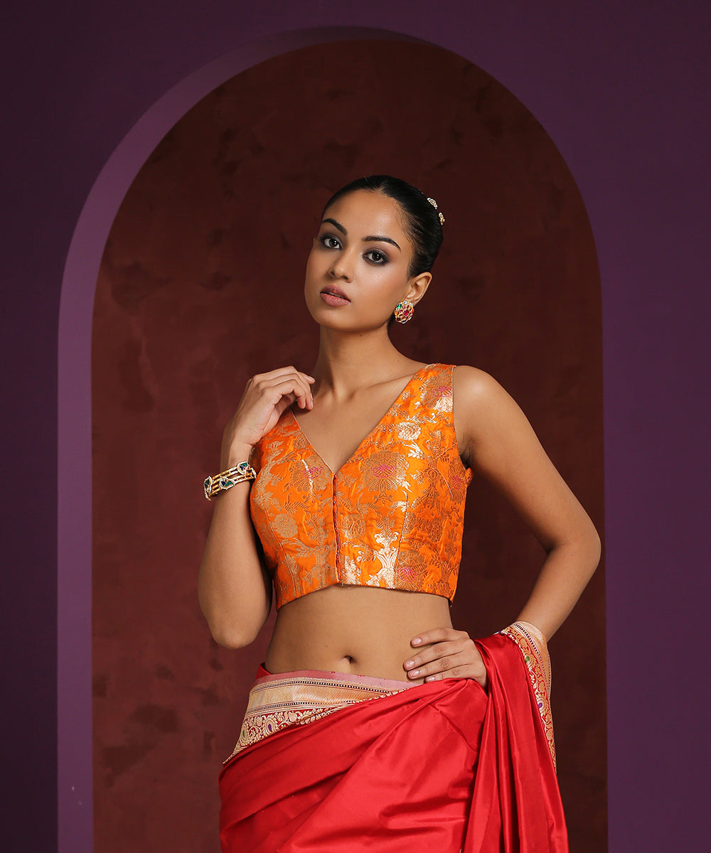 Orange_Handcrafted_V-_Neck_Pure_Katan_Silk_Brocade_Blouse_WeaverStory_01