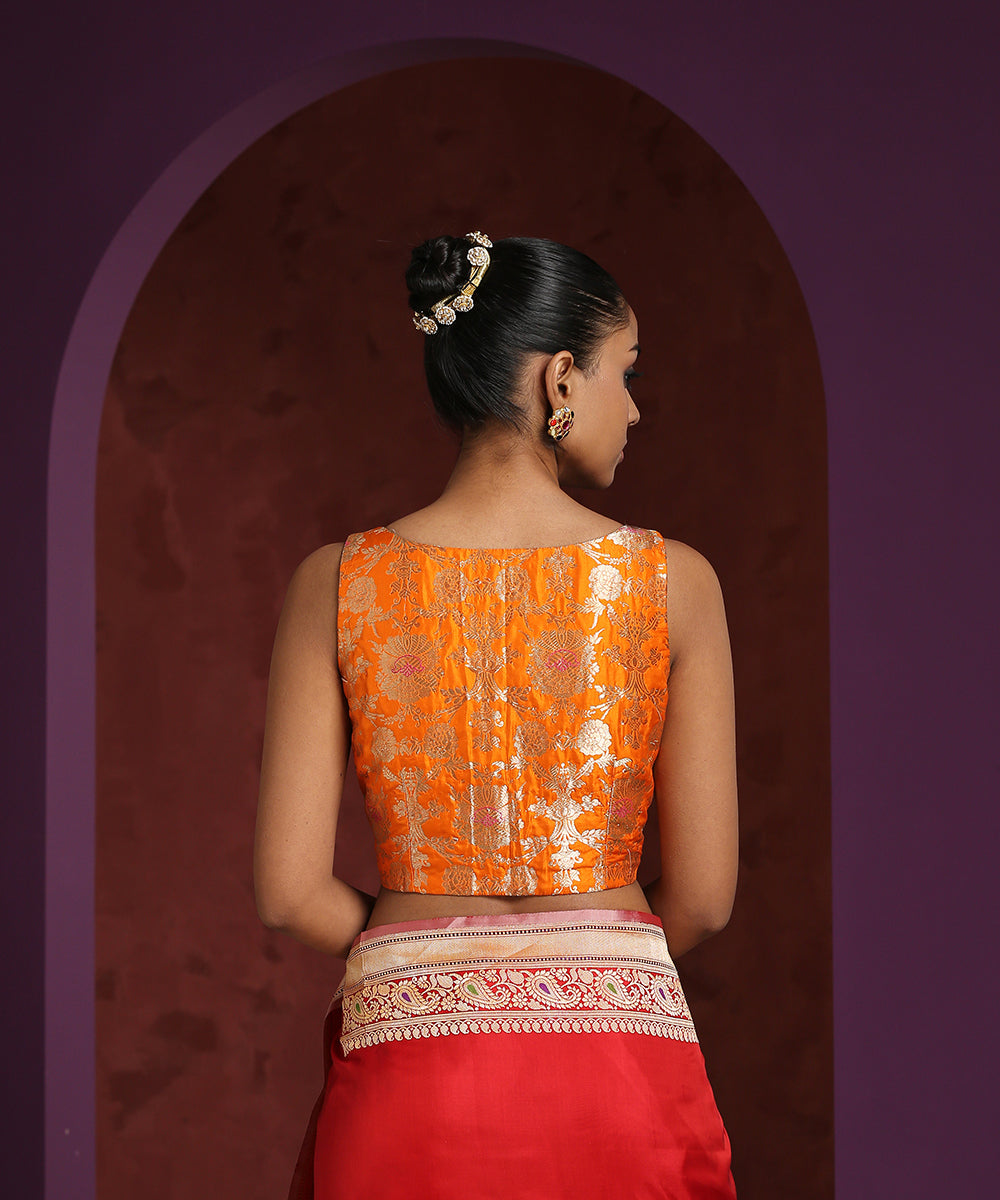 Orange_Handcrafted_V-_Neck_Pure_Katan_Silk_Brocade_Blouse_WeaverStory_03
