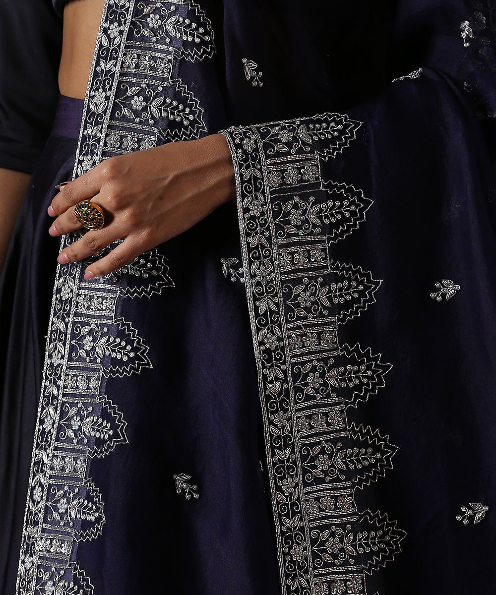 Blue_Zardozi_Work_Organza_Dupatta_with_Silver_Embroidery_Temple_Border_WeaverStory_03
