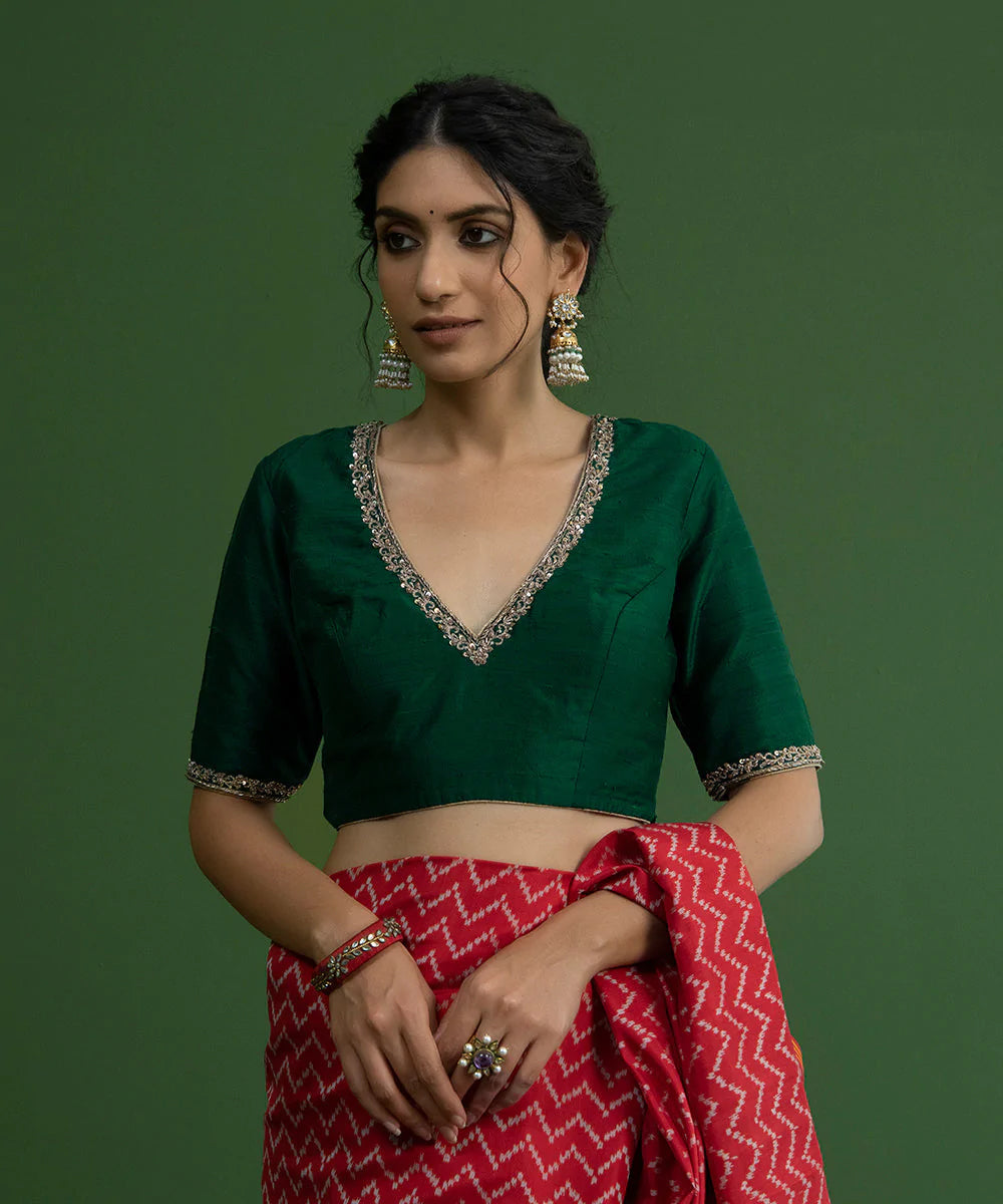 Handloom Bottle Green Raw Silk Deep V-Neck Blouse With Hand Embroidered Zardozi Work Blouses/ Crop
